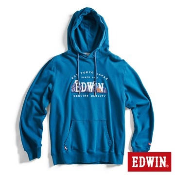 EDWIN 男款 露營系列 富士山刺繡LOGO連帽長袖T恤(土耳其藍)