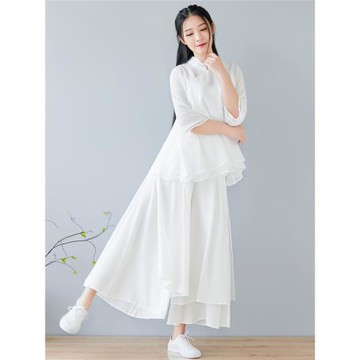 漢服女禪意文藝茶服中國風女裝白色盤扣上衣民國風唐裝改良旗袍夏