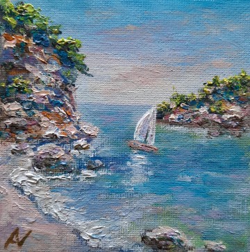 海灣迷你油畫，愜意海灘原創藝術，帆船海洋手工禮物