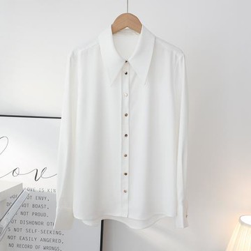2025春裝尖領通勤順滑緞面白色襯衫女垂感氣質職業上衣設計感小眾