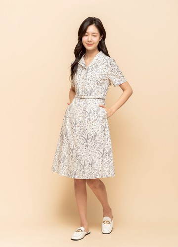 植朵邂逅印花棉質翻領洋裝（附腰帶）