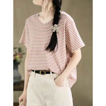 谷家 小眾別致柔軟彩棉條紋T恤女 文藝百搭V領顯瘦短袖上衣夏新款