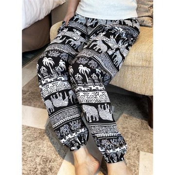 泰國瑜伽燈籠褲女夏季棉綢睡褲寬松人造棉防曬闊腿大象花沙灘長褲