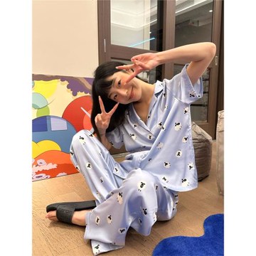 夏天緞面冰絲睡衣女新款甜美可愛小綿羊印花家居服大碼冰涼感套裝