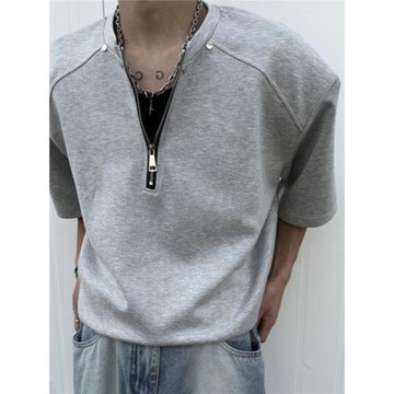 高街半拉鏈設計感短袖t恤男夏季潮牌cleanfit痞帥五分袖休閑上衣