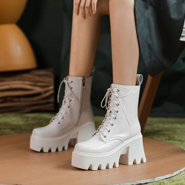 2024新款馬丁靴女粗跟高跟短靴英倫風松糕厚底小個子增高短筒單靴