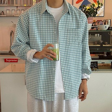 正韓日常輕柔泡泡紗格紋口袋長袖襯衫 2色 YUPPIE 預購商品 0224