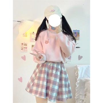 謎兔少女」原創日系毛呢軟妹格子百搭少女加厚絨面松緊腰短裙