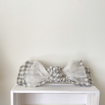 一封信 毛呢格子 淺灰 紗紗 雙層大蝴蝶扭結髮帶 ggoomstudio