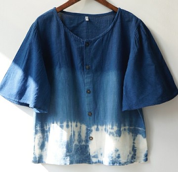 【棉麻手工藍染】 圓領中袖上衣 3色