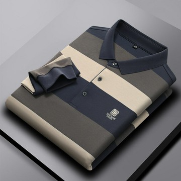 【新款熱賣】男裝秋季新款現貨雙面平紋面料長袖翻領條紋刺繡商務POLO衫