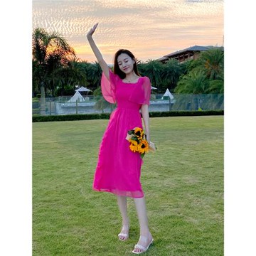 法式復古玫紅方領連衣裙女夏季收腰顯瘦大擺荷葉邊a字氣質仙女裙