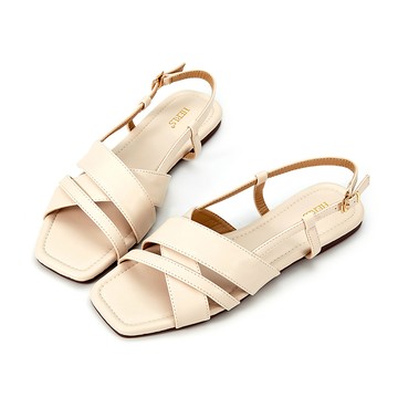 零碼交錯線條鏤空方頭後帶平底涼鞋 米色