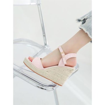 2025夏季新款松糕厚底漁夫鞋草編漏趾坡跟女鞋后空高跟大碼涼鞋女