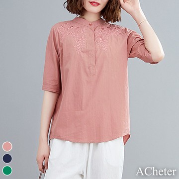 【ACheter】好人家柔美刺繡棉麻五分袖上衣# 108784(現貨+預購)