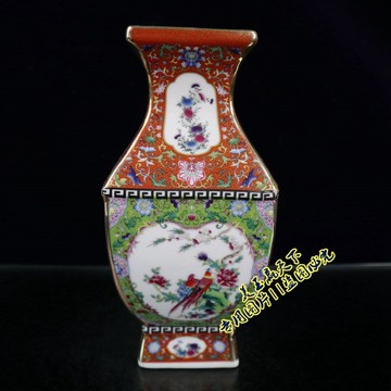 古玩收藏 景德鎮琺瑯彩描金花鳥瓶 四方賞瓶花卉喜上眉梢花瓶擺件