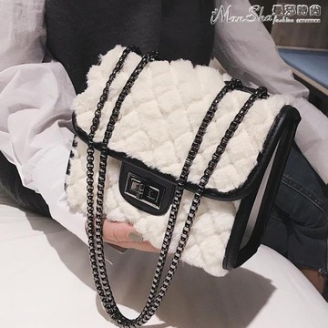側背包毛毛包包女2019新款潮韓版菱格鏈條側背斜背包毛絨百搭小方包 交換禮物全館免運