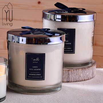 [限時特賣] 玻璃附蓋緞帶香氛蠟燭罐 1475g (l,白色)yu living