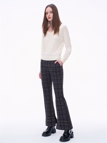 人氣追加 | 復古格紋內磨毛喇叭褲-深灰