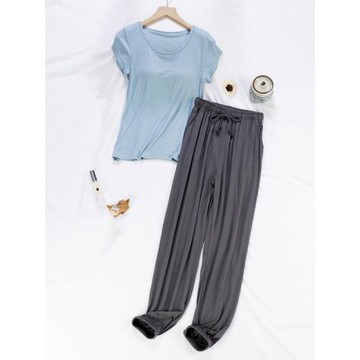 簡約帶胸墊睡衣莫代爾套裝女春夏季短袖長褲寬松大碼外穿家居服秋