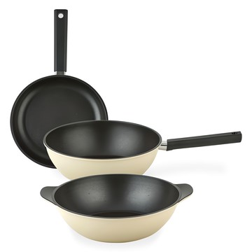 QUEEN SENSE Sanz平底鍋3件組 米色 1組 平底鍋 28cm+炒鍋 28cm+Party鍋 28cm