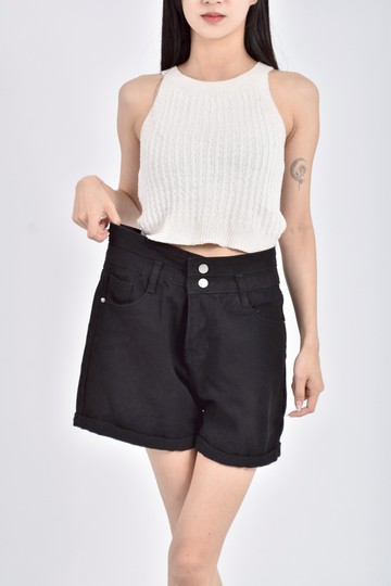 (M) 高腰棉質A字素面黑色短褲