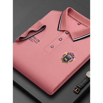 polo衫男短袖t恤翻領高端男士中老年爸爸裝粉色體恤半袖夏季刺繡