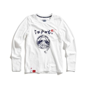 江戶勝 日系 女裝 忍者系列 注連繩LOGO字體印花長袖T恤(米白色)