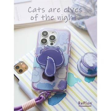 16貓咪卡通紫色插畫強磁吸無線充電手機殼適用于蘋果15iPhone旋轉尾巴promax保護套新款亮面雙層小眾原創設計