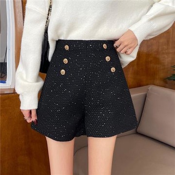 2024秋新款毛呢小香風雙排扣高腰亮片短褲胖MM外穿百搭闊腿褲靴褲