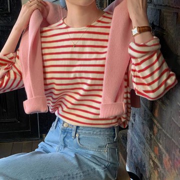 紅色條紋長袖T恤女寬松春季2025新款外穿圓領設計感小眾內搭上衣