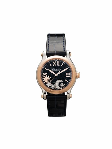 Chopard - Happy Sport, Sun, Moon and Stars 30mm - women - stainless steel/18kt Rose Gold/Sapphire/Diamond/Calf Leather - One Size - Blue