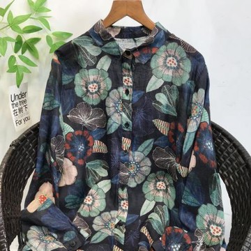 高品質民族風復古數碼印花上衣開衫 純苧麻內包邊長袖襯衫女秋季