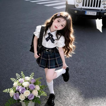 【臺灣-出貨】女童夏季學院風jk制服套裝2026新款中小童蝴蝶結襯衫格子裙兩件套