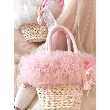 QueenJ Studio原創自制草編包芭蕾舞風少女心蓬蓬花邊手工沙灘包