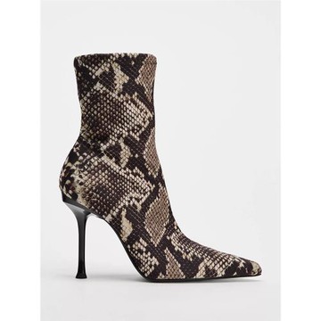 2024秋冬ZA靴子歐美性感顯瘦及踝靴尖頭細跟超高跟短靴女蛇紋印花