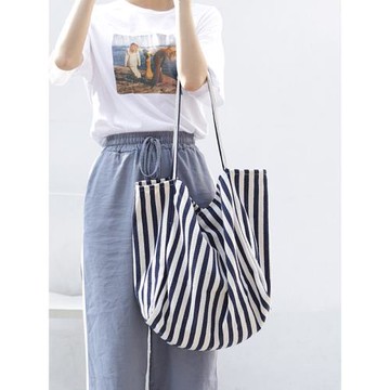 韓國新款細帶棉布單肩包學生上課帆布包旅行休閑條紋大包托特包女
