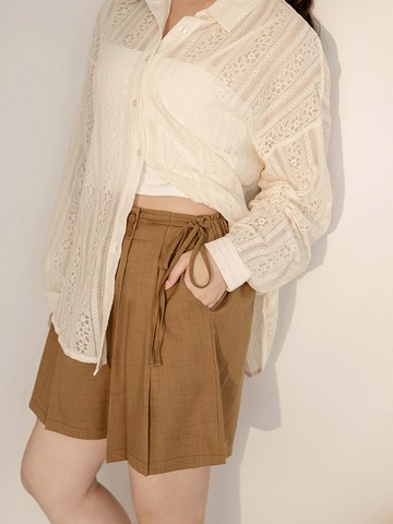 雲朵自訂款-不易皺綁帶造型後鬆緊打褶短褲