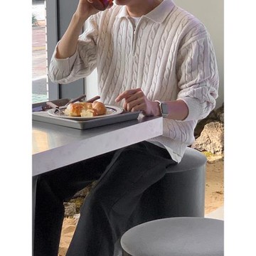 MRCYC半拉鏈麻花針織衫秋季男裝韓系寬松百搭設計感翻領套頭毛衣