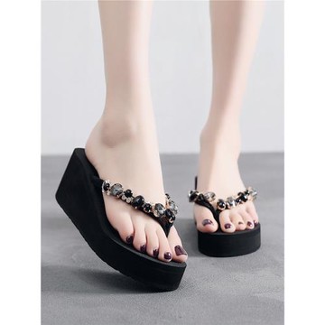 Bzbz女夏時尚高跟人字拖鞋外穿厚底防滑坡跟涼拖新款水鉆沙灘拖鞋