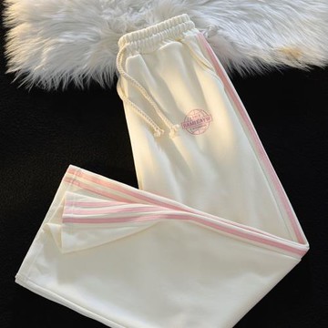 側邊三條杠杏色運動衛褲女2026新款街頭寬松直筒垂感闊腿休閑褲子