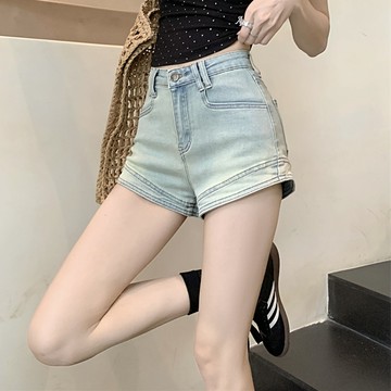 美木子｜ 牛仔短褲｜預購｜ 美式復古高腰 彈力A字闊 腿短褲 修身顯瘦顯腿長 辣妹風丹寧熱褲【3018】