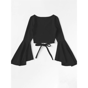 春秋季歐美街頭速賣通時尚喇叭袖領露臍長袖恤系帶上衣T恤純色V領