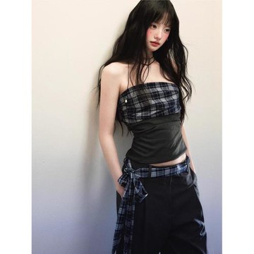 i77ume/小眾設計撞色格紋拼接抹胸背心上衣女寬松系帶闊腿西裝褲