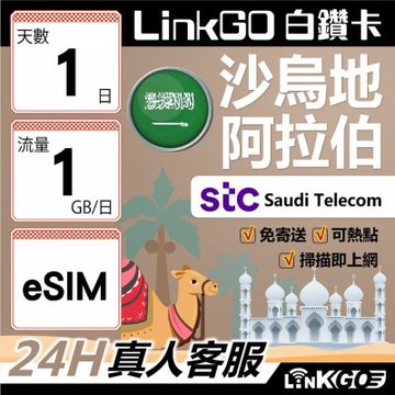 LINKGO白鑽卡 沙烏地阿拉伯 eSIM卡 1天上網卡 每日1GB 高速流量(沙烏地阿拉伯網卡 利雅德 吉達)