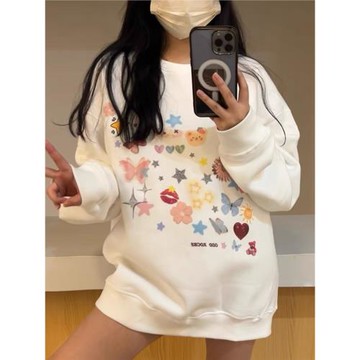 ODD RDCHS原創自制可愛泫雅風印花秋冬加厚寬松套頭加絨圓領衛衣