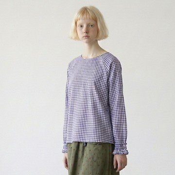 藍格子花袖上衣