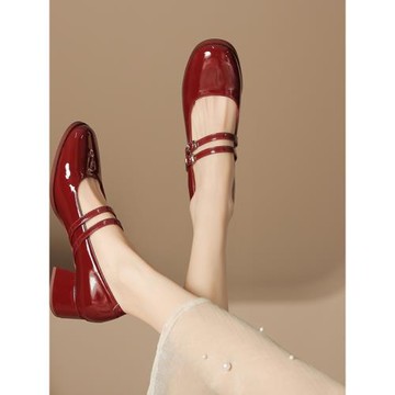 酒紅色高跟瑪麗珍婚鞋一字帶法式配裙子粗跟單鞋女2025新款小皮鞋