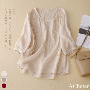 【ACheter】繡花寬鬆大碼薄款氣質棉麻V領七分袖短版上衣# 117740(現貨+預購)
