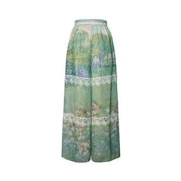 【WYZ】夏季特大尺碼90-150公斤涼感復古油畫風蕾絲氣質小碎花闊腿休閒直筒褲